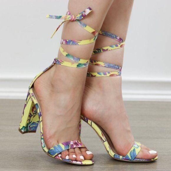 Floral High Heel Sandals Tie-Up Block Heel Open Toe Vibrant Print - Picture 5 of 8